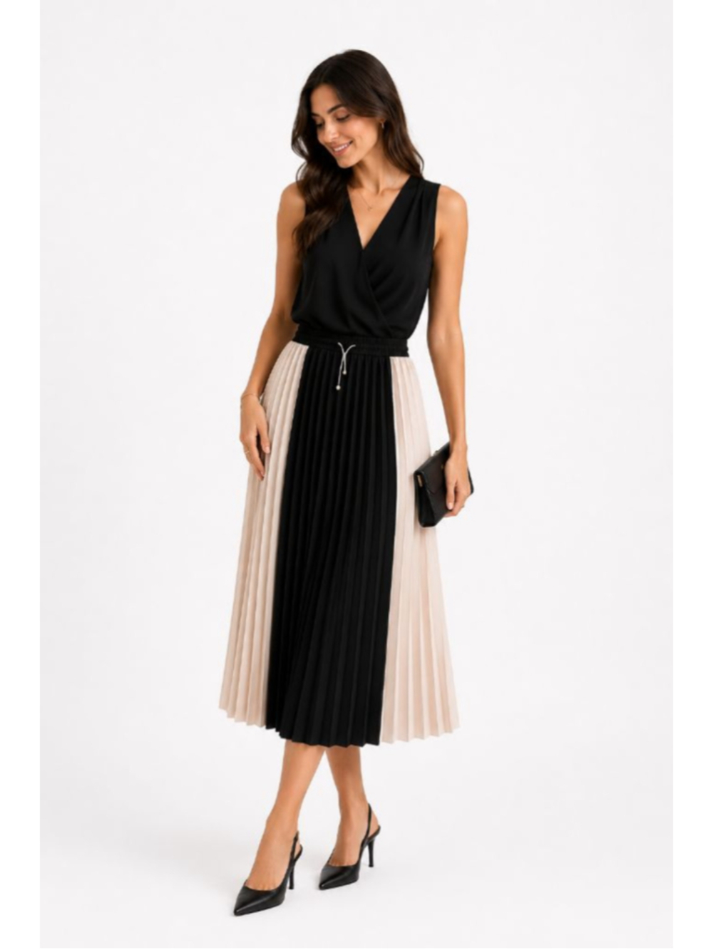 Böhme Women's Pleated Midi Skirt Size S Black Beige Colorblock Elastic Waist